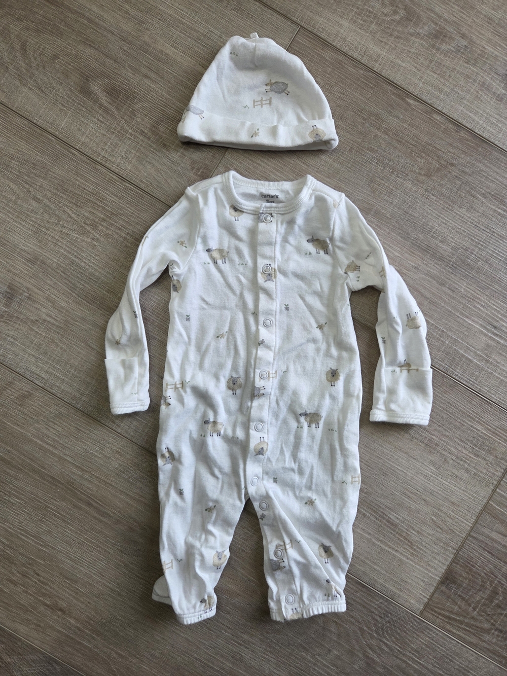 Carter's White Sheep-Print Long-Sleeve One-Piece with Hat